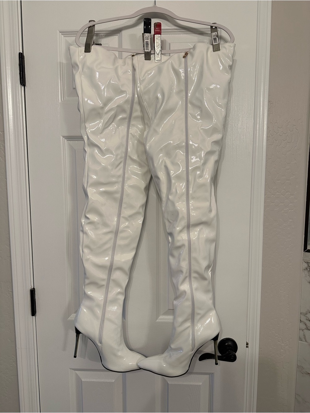 White Patent Thigh-High Stiletto Boots - Women